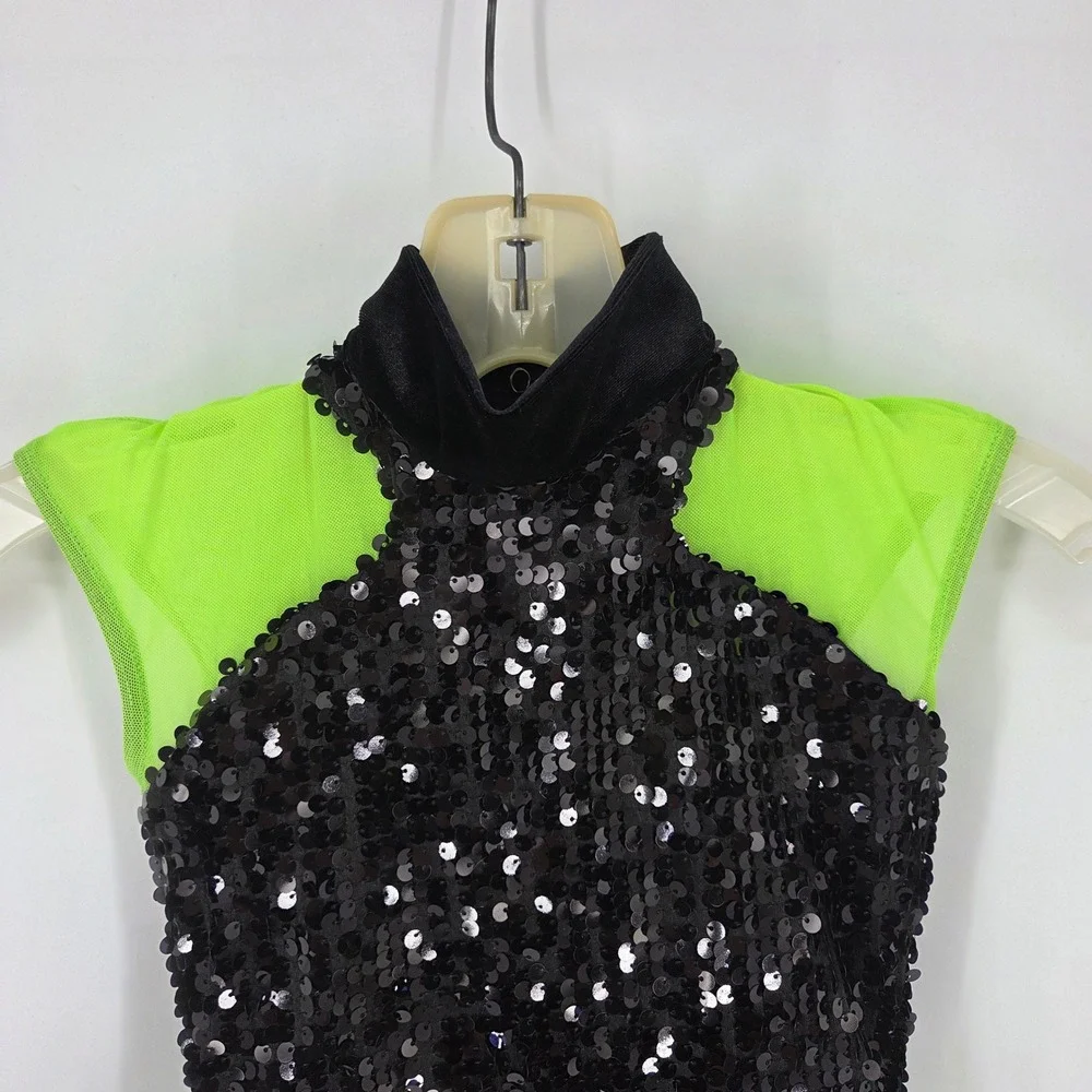 Weissman Black Neon Green Sequin Dance Costume Leotard Peplum MC Jazz Tap